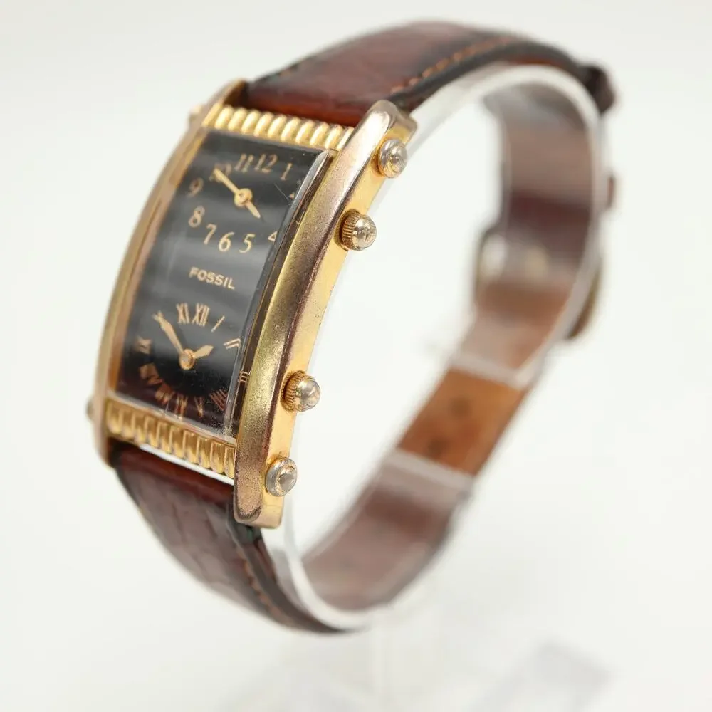 Vintage Fossil Dual Time 25mm Tank Watch Gold Tone Curved Black Dial New Battery